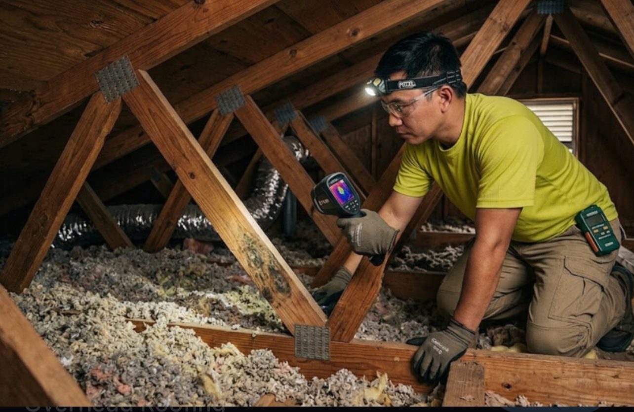 Technician using a thermal imaging camera to inspect attic insulation