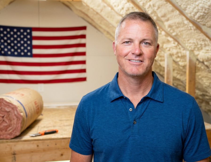 John Riedling, owner of Mid-State Spray Foam & Insulation, standing in an attic